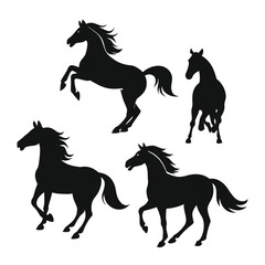 Collection of four distinct horse poses in silhouette style for graphic design projects