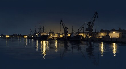 Obraz premium Nighttime Harbor Scene with Docked Ships and Crane Silhouettes Reflected in Calm Water