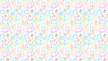 Seamless pattern with school supplies in pastel colors on a white background design element