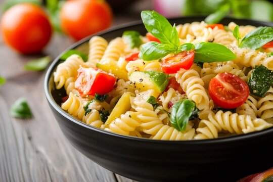 Fresh fusilli pasta salad with cherry tomatoes and basil - Powered by Adobe