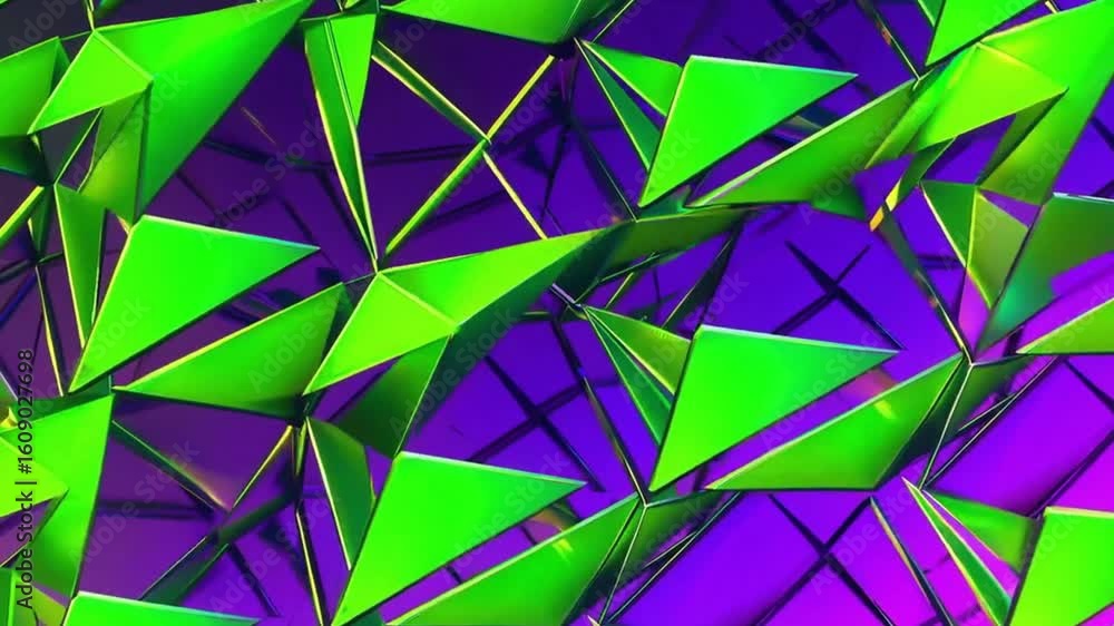 Poster abstract geometric triangles in vibrant green and purple. the image showcases a modern design of int
