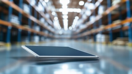 Modern digital tablet device on table in large industrial warehouse with blurred background, showcasing technology integration for inventory management, logistics operations, and smart supply chain so