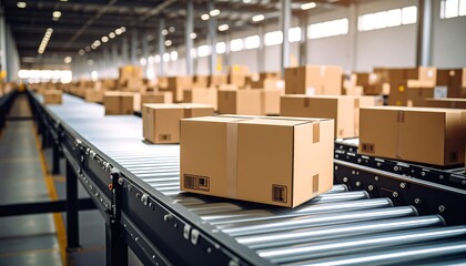 Cardboard boxes on conveyor belt in warehouse