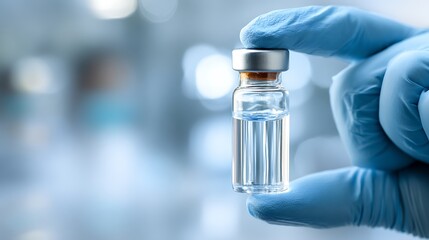 Gloved hands holding clear medical vial with liquid on clean soft light background representing healthcare and treatment concept
