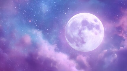 Glowing full moon in soft purple blue night sky with gentle stars and dreamy cosmic background
