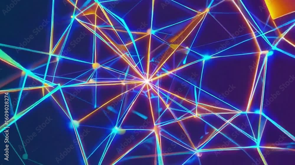 Poster abstract glowing lines and dots on a dark blue background, representing a network or connection