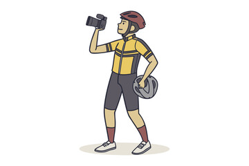 Cyclist in yellow jersey and helmet holding camera looks upward with determination