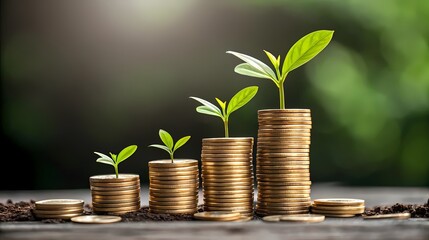Plant growing on stacked gold coins investment concept-Young green plants sprouting from stacks of gold coins, symbolizing investment growth, financial success, and eco-friendly wealth.