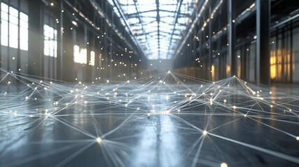 Futuristic digital connection concept featuring glowing network lines and nodes over a warehouse goods stock background, 3d rendering illustrating modern logistics, supply chain, and inventory managem