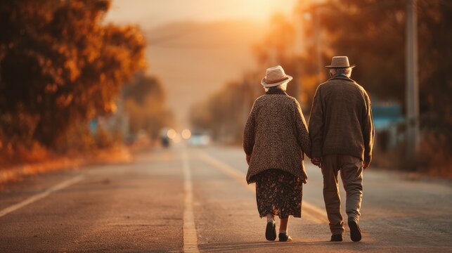 Elderly Couple Holding Hands While Walking on a Serene Road During Sunset, Surrounded by Nature and Warm Colors, Capturing Timeless Love - Powered by Adobe