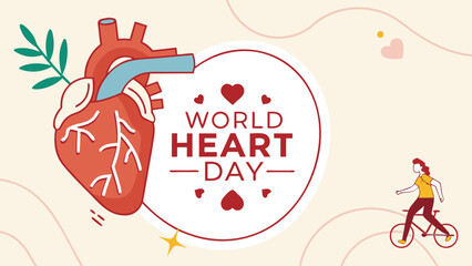 World Heart Day Vector Illustration, Stylized Human Heart with ECG and Global Health Elements