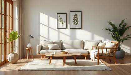 neutral toned living room, modern japandi design, sunlight interior, rattan chair, cozy atmosphere, wooden furniture, wall frame mockup
