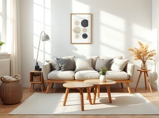 neutral toned living room, modern japandi design, sunlight interior, rattan chair, cozy atmosphere, wooden furniture, wall frame mockup