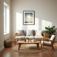 neutral toned living room, modern japandi design, sunlight interior, rattan chair, cozy atmosphere, wooden furniture, wall frame mockup