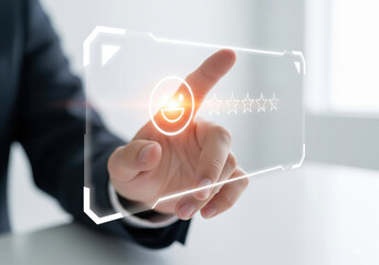 Hand Selecting Happy Emoji for Excellent Customer Satisfaction Feedback
