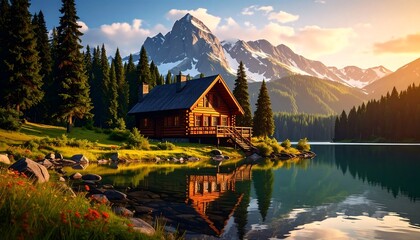 Fototapeta premium Lakeside log cabin at sunset