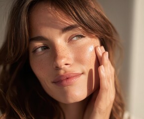 a young woman with brown hair gently applying face cream to her cheek