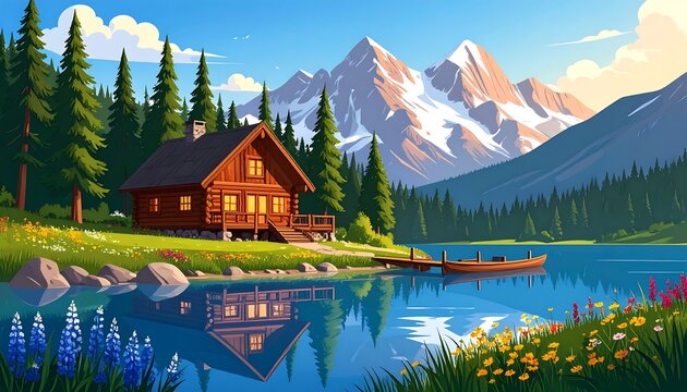 Lakeside cabin, mountain view, peaceful scene - Powered by Adobe