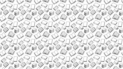 A repeating pattern of hand drawn books in various positions on a white background surface area