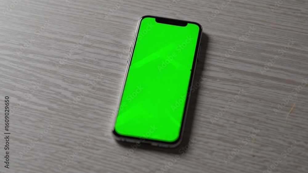 Poster a smartphone with a vibrant green screen on a textured surface, perfect for adding custom content. t