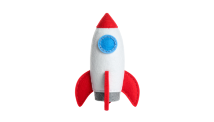 Gray felt rocket toy with white body and red fins plus blue window isolated on solid white background in Png