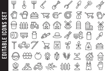Naklejka premium Editable Outline Icon Set for Farming, Agriculture, and Gardening
