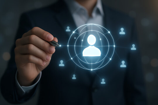Businessman holding glowing hologram of digital user icon showing customer network, online targeting, client connection and engagement in a futuristic marketing interface design