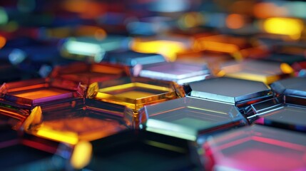 Abstract colorful hexagon mosaic with orange, gold, and gray tones and blurred background, macro close up. Shiny hexagon shapes.