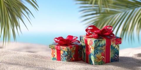 The vibrant tropical gift boxes on the beach with palm fronds looming overhead.