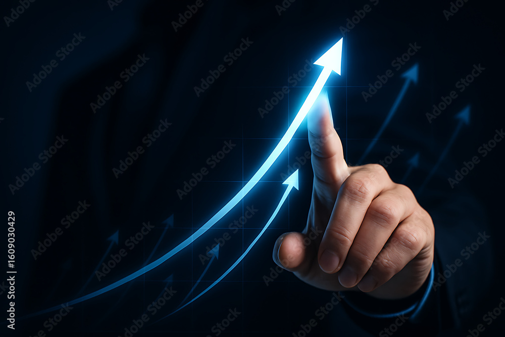 Poster businessman touching virtual glowing arrow showing successful technology growth and futuristic data 