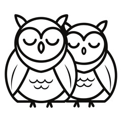 Adorable Cartoon Owls Couple, Line Art, Peaceful Sleep, Childish Design, Vector Illustration