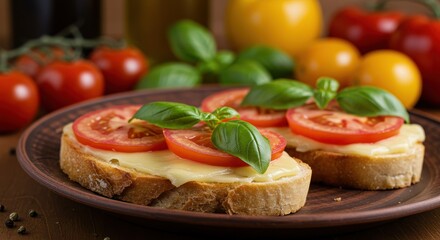 Grilled open sandwich topped with fresh tomato slices and basil on rustic table.