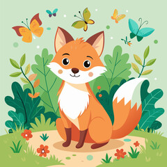 Fototapeta premium Adorable Cartoon Fox Surrounded by Butterflies and Lush Springtime Foliage