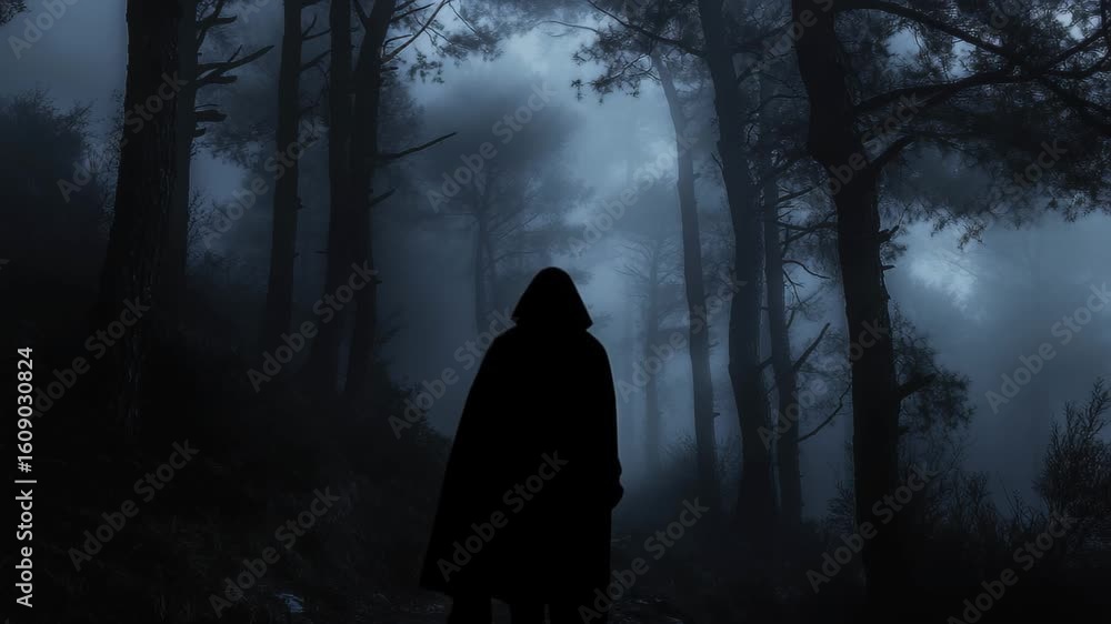 Poster a dense fog blankets a secluded forest, cloaking towering trees in mystery. shadows dance as twiligh
