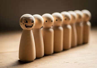 Happy Wooden Peg Doll Standing Out as a Leader in a Row