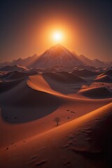 Naklejka premium A sunlit dune peak stands out against the shadows of a vast desert landscape