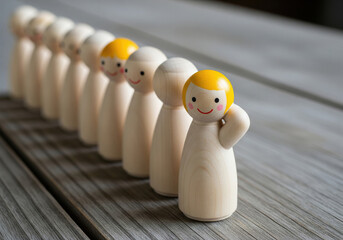Happy Wooden Peg Doll Standing Out as a Leader in a Row