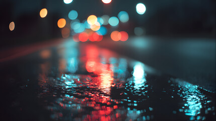 Glowing red and blue reflections on wet asphalt at night, evoking a cinematic urban atmosphere.
