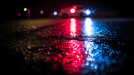 Glowing red and blue reflections on wet asphalt at night, evoking a cinematic urban atmosphere.