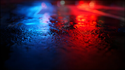 Glowing red and blue reflections on wet asphalt at night, evoking a cinematic urban atmosphere.