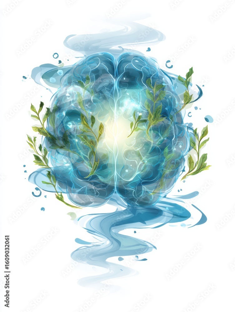 Poster glowing abstract brain symbolizing learning and harmony surrounded by flowing water and plants in a 