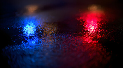 Glowing red and blue reflections on wet asphalt at night, evoking a cinematic urban atmosphere.