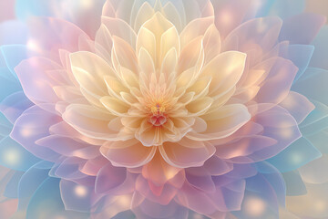 Obraz premium Ultra-detailed pastel floral mandala with glowing effects, fantasy-inspired abstract lotus-like structure in soft light pink, blue and gold tones, symmetrical harmony, spiritual calm
