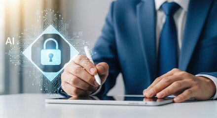 Business professional using stylus on tablet with AI security symbol. Digital technology and cybersecurity themes. Modern corporate workspace with futuristic elements.