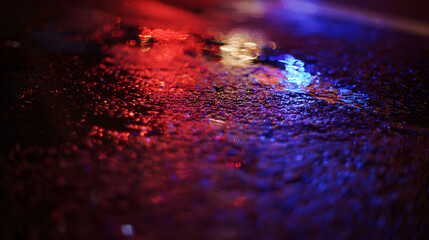 Glowing red and blue reflections on wet asphalt at night, evoking a cinematic urban atmosphere.