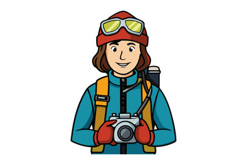 Adventurous cartoon photographer dressed for cold weather holds camera ready to capture scenic views