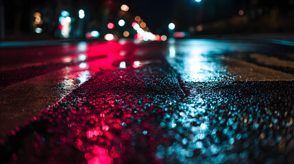 Glowing red and blue reflections on wet asphalt at night, evoking a cinematic urban atmosphere.