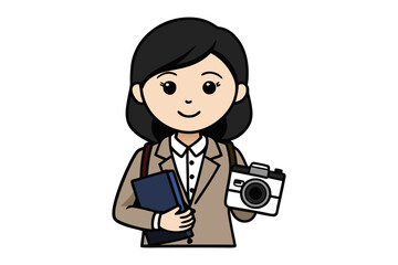Smiling cartoon woman professional holding a camera and a book ready for work or adventure
