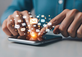 Hands Sending Digital Emails from Smartphone with Glowing Effect