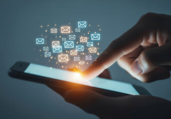 Hands Sending Digital Emails from Smartphone with Glowing Effect